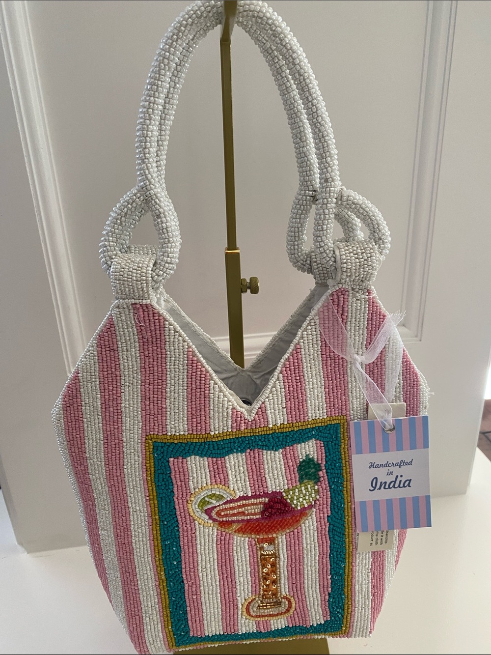 Beaded Pink & White Striped Tote with Cocktail Embellishment